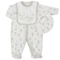 G13096: Baby Unisex Animals 3 Piece All In One, Bib & Hat Set (0-9 Months)